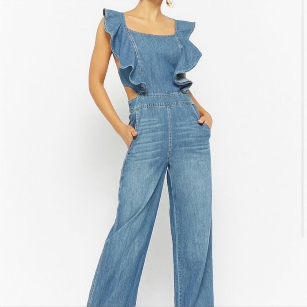 DO + BE Wide Leg Overall Romper Relaxed Pants Ruffle Top Jumpsuit Boho Anthro